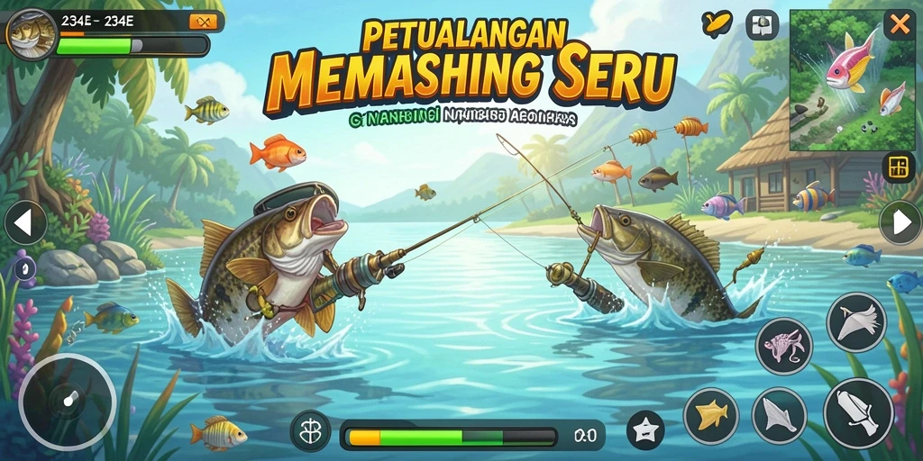 Screenshot gameplay <strong>234E</strong> menunjukkan aksi seru saat menangkap ikan.