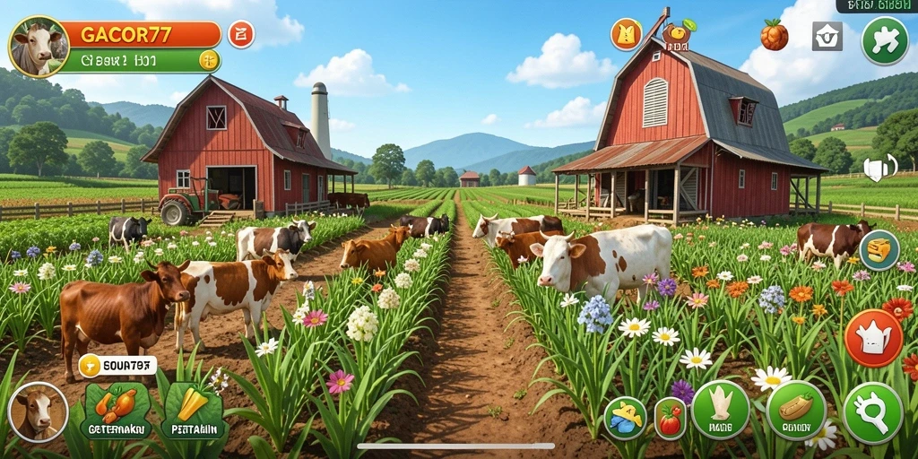 Screenshot dari gameplay GACOR77 menampilkan lahan pertanian yang subur.