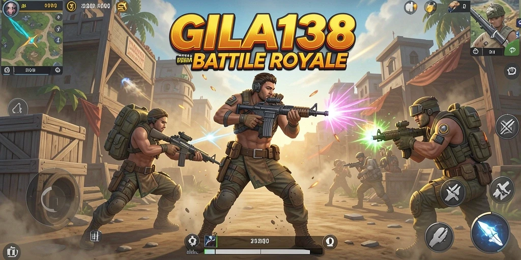 Screenshot utama GILA138 menampilkan aksi mendebarkan di medan perang Battle Royale.
