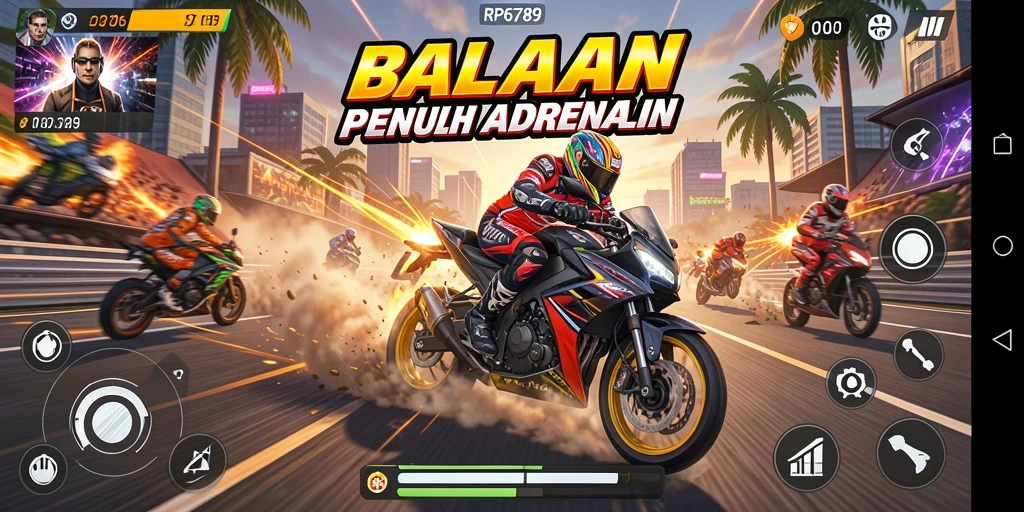 Screenshot gameplay RP6789 menunjukkan aksi balapan motor yang mendebarkan.