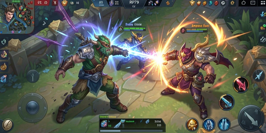 Screenshot dari permainan RP79 yang menunjukkan aksi pertarungan seru di arena MOBA.